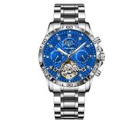 DAXIAOYU Orologio meccanico automatico da uomo alla moda, multifunzione, con calendario settimanale con fasi lunari e tourbillon impermeabile, cinturino in acciaio inox, luminoso, Argento blu, Lusso