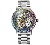 DAXIAOYU Orologio meccanico completamente automatico da uomo, design unico, lunetta circostante con pietre preziose colorate, orologio da polso con volano cavo scheletro, orologi alla moda in acciaio