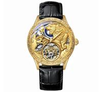 DAXIAOYU Orologio meccanico da uomo con tourbillon, splendido motivo a scheletro intagliato, a carica automatica, luminoso, impermeabile, cinturino in pelle vintage, Oro, Lusso