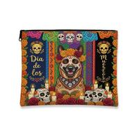 Day of the Dead Belga Malinois Dog Makeup Bag Flowers Skull Cosmetic Pouch per donne e ragazze, organizer portatile in tela con cerniera, borsa da toilette gotica 17,8 x 22,9 cm