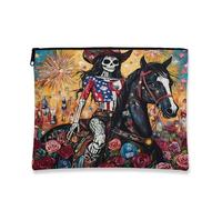 Day of the Dead, borsa cosmetica con scheletro patriottico equestre, piccola borsa portatile in tela con cerniera, regalo per festival, articoli da toeletta, Multicolore, 7x9 Inch, Schelet