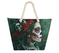 Day of The Dead - Borsa tote gotica con teschio floreale per donne e uomini, borsa da spiaggia con manico in tessuto di canapa