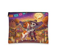 Day of the Dead Brittany Dog Makeup Bag, divertente astuccio da viaggio con scheletro per donne e ragazze, organizer portatile in tela con cerniera, borsa da toeletta da fattoria, 17,8 x 22,9 cm