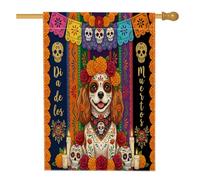Day of the Dead Cavalier King Charles Spaniel Front Yard Backyard Linen Vertical House Flags 28 x 40 cm Double Face per esterni, Bandiera con stampa floreale teschio per casa, bandiere con motivo per