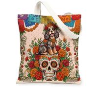 Day of the Dead Cocker Spaniel Dog Tote Bag per lo shopping 33 x 38 cm, borsa della spesa riutilizzabile da donna, borsa della spesa da donna, stile bohémien, per lavoro, viaggi, pittura, decorazione