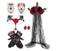 Day of the Dead Costume Accessories - Halloween Jewelry Gloves Veil | Lace Fabric with Rose Necklace, Floral Veil and Stickers, Cosplay Costume Jewelry for Women Masquerade Party