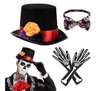 Day of the Dead Costume - Cappelli nel design rosa per uomini | Polyester Adult Men Day of the Dead | Cappello di fiori da 3 pezzi, guanti da teschio, festa dei costumi da bincatura, cosplay di Hallow