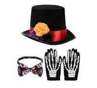 Day of the Dead Costume - Cappelli nel design rosa per uomini | Polyester Adult Men Day of the Dead | Cappello di fiori da 3 pezzi, guanti da teschio, festa dei costumi da bincatura, cosplay di Hallow