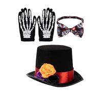 Day of the Dead Costume - Rose Design Halloween Hat, Skeleton Gloves | Cappello a tricolore floreale con papillon regolabile, tessuto traspirante per feste, Halloween e servizi fotografici a tema