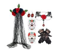 Day of the Dead Costume - Veil, Earrings & Lace Gloves Set | Necklace & Accessories for Women, Adults, Cosplay, Masquerade, Stage Performances, Festivals, Themed Events & Halloween Parties