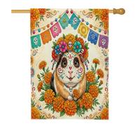 Day of the Dead Guinea Pig Front Yard Backyard Linen Vertical House Flags 28x40 Double Face for Outside, Floral Skull Home Print Flag, Cute Home Outdoor Pattern Flags
