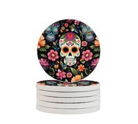 Day Of The Dead - Set di 2 sottobicchieri assorbenti in diatomite con teschio di zucchero, ad asciugatura rapida, per bevande, tazze rotonde per tavolo, bar, decorazione per la casa
