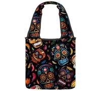 Day of the Dead Skulls - Borsa tote in tela da donna, riutilizzabile, con manico largo, Multicolore 02, 14.1x14.9in/36x38cm