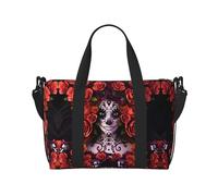 Day of The Dead Sugar Roses Skull Tote Borsa da viaggio a tracolla, 41 cm x 29 cm x 15 cm, borsa da viaggio con fondo sedia, borsa da cabina, borsa per la notte, borsa tote unisex, Nero , Taglia unica