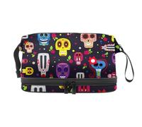 Day of The Dead Sugar Skulls - Trousse a doppio strato, per donne e ragazze, trousse da viaggio per trucchi, pratica borsa organizer con scomparto per pennelli, Multi, 27x15x14 cm/10.6x5.9x5.5 in,