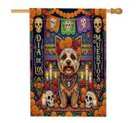 Day of the Dead Yorkies Dog Front Yard Backyard Linen Vertical House Flags 28 x 40 cm Double Face for Outside, Flower Skull Home Print Flag, Goth Home Outdoor Pattern Flags