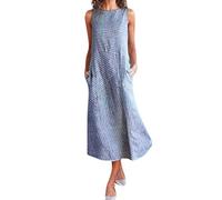 DAY8 Vestiti Lunghi Donna Estivi Moda Abito Donna Cotone a Lino Striscia Senza Maniche Comodo Midi Blu M