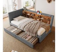 Daybed 90 x 200 cm con memoria e ricarica USB, divano letto con 2 drawers, Multiple Shelves, base slatted Fabric, tessuto in line, (opaco) (grigio)