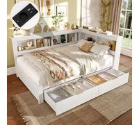 Daybett - Divano letto 140 x 200 cm, con due cassetti, con presa e 2 porte USB, letto con rete a doghe senza materasso, truciolato, colore: Bianco