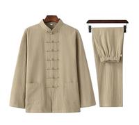 DAYKET Abbigliamento Tai Chi da Uomo, Uniforme Tradizionale Cinese per Arti Marziali, Set di Kung Fu in Cotone e Lino, Camicia a Maniche Lunghe, Pantaloni e Completo,Khaki-M
