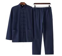 DAYKET Abbigliamento Tai Chi da Uomo, Uniforme Tradizionale Cinese per Arti Marziali, Set di Kung Fu in Cotone e Lino, Camicia a Maniche Lunghe, Pantaloni e Completo,Blue-L