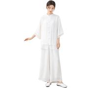 DAYKET Abbigliamento Tai Chi Donna Seta e Lino Kung Fu Uniforme Stile Cinese Meditazione Zen Casual Maniche a Tre Quarti Esercizi Mattutini Vestito per Le Donne,White-XL