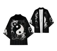 DAYKET Giacca Haori da Uomo - Cardigan Kimono Tradizionale Giapponese Maniche a 3/4 Stampate Ukiyoe Top Casual per La Primavera Estate,Black-S