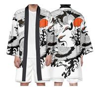 DAYKET Kimono In Stile Giapponese da Uomo Leggero Cardigan Casual Stampato Gru Volante Yukata Kimono Robes-Plus Size,White-4XL