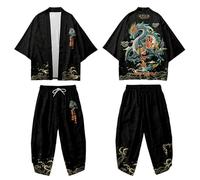 DAYKET Set Kimono Tradizionale, Completo Pigiama da Uomo Kimono in Stile Giapponese, Set Top + Pantaloni Taglie Forti,Black-XXL