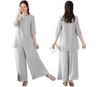 DAYKET Tuta da Donna per Arti Marziali, Uniforme da Tai Chi in Cotone e Lino, Manica Media, Tuta da Kung Fu per Esercizi Mattutini, Meditazione Zen,Grey-M