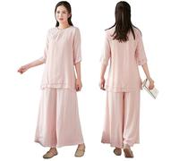 DAYKET Tuta da Donna per Arti Marziali, Uniforme da Tai Chi in Cotone e Lino, Manica Media, Tuta da Kung Fu per Esercizi Mattutini, Meditazione Zen,Pink-L