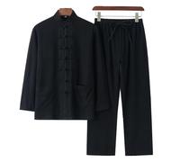 DAYKET Uniforme da Uomo Tai Chi, Tuta Tradizionale Cinese per Arti Marziali in Cotone e Lino Kung Fu Tangzhuang, Set Top a Maniche Lunghe + Pantaloni,Black-5XL