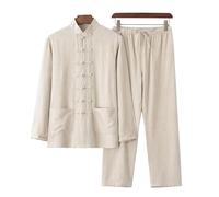 DAYKET Uniforme da Uomo Tai Chi, Tuta Tradizionale Cinese per Arti Marziali in Cotone e Lino Kung Fu Tangzhuang, Set Top a Maniche Lunghe + Pantaloni,Khaki-XXL