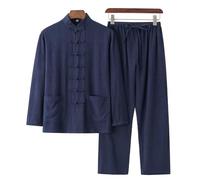 DAYKET Uniforme da Uomo Tai Chi, Tuta Tradizionale Cinese per Arti Marziali in Cotone e Lino Kung Fu Tangzhuang, Set Top a Maniche Lunghe + Pantaloni,Blue-M