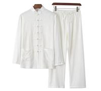 DAYKET Uniforme da Uomo Tai Chi, Tuta Tradizionale Cinese per Arti Marziali in Cotone e Lino Kung Fu Tangzhuang, Set Top a Maniche Lunghe + Pantaloni,White-XXL