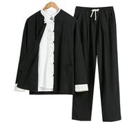 DAYKET Uniforme Tai Chi per Uomo, Set da 3 Pezzi,Tuta in Cotone e Lino per Arti Marziali, Abbigliamento Tradizionale Cinese per Kung Fu, Giacca a Maniche Lunghe, Camicia e Pantaloni,Black-XL