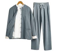 DAYKET Uniforme Tai Chi per Uomo, Set da 3 Pezzi,Tuta in Cotone e Lino per Arti Marziali, Abbigliamento Tradizionale Cinese per Kung Fu, Giacca a Maniche Lunghe, Camicia e Pantaloni,Grey-3XL