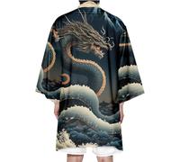 DAYKET Vestaglia da Uomo, Accappatoio Kimono Leggero, Taglie Forti, Indumenti da Notte Giapponesi con Drago Stampato,Blue-4XL