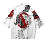 DAYKET Vestaglia Kimono da Uomo-Cardigan Kimono Giapponese Taglie Forti Giacca Primavera Estate Manica 3/4 Top Larghi Ukiyoe,White-XXL