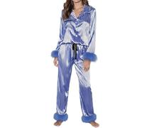 DAYLIGHE Pigiama da donna a righe tinta unita con risvolto a maniche lunghe Set di pigiama in poliestere leggero caldo tessuto traspirante per la casa Noi Lounge pigiama sonno, Blu, S