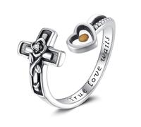 DAYLINLOVE Anello a croce in argento sterling 925 con rose, grani di senape, regolabile, anello aperto, vero amore, in attesa di purezza, gioielli cristiani, regali per donne e ragazze