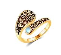 DAYLINLOVE Anello Albero della Vita in Argento Sterling 925 con Nodo Celtico e Pietra di Luna Regolabile, Anello Aperto con Cucchiaio Gioielli con Albero della Vita Regali per la Mamma Placcato in Oro