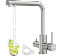 DAYONE - Rubinetto da cucina a 3 vie, 3 in 1, miscelatore per filtro dell'acqua, girevole a 360°, con 2 leve, rubinetto per acqua potabile, 3 vie, in acciaio inox SUS304, nichel spazzolato