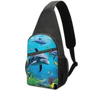 Daypack Impermeabile Borsa Petto Per Running, Viaggi, Lavoro Dolphin Shark And Fish Under Blue Sea Print Poliestere Zaino Monospalla