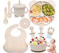 Dazhtu 10 Pezzi Set Pappa Svezzamento, Svezzamento Set Silicone Piatto con Ventosa Ciotola Cucchiaio Forchetta Tazza Bavaglino, Training Esercitarsi A Mangiare Da Soli, Set Pappa Svezzamento(Beige)