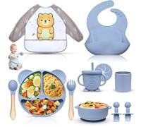 Dazhtu Set Pappa Svezzamento, 11 Pezzi Svezzamento Set Silicone Piatto per Bambini con Ventosa Ciotola Cucchiaio Tazza Bavaglino,Training Esercitarsi A Mangiare Da Soli, Set di Posate,Senza BPA(Blu)