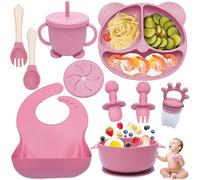 Dazhtu Stoviglie per Bambini 10 Pezzi Stoviglie Antiscivolo in Silicone Piatto con Ventosa Ciotola Bavaglino Cucchiaio e Forchetta Tazza Acqua Neonato Ciuccio Frutta Rosa
