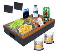 Dazhtu Vassoio Divano Legno, Divano Bar con Ciotola per Snack in Acciaio Inox per Alimenti, Vassoio da portata con manici, coperchio rimovibile, Contenitore per Porta Snack da Divano, soggiorno