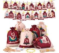 DazSpirit 24 Calendario dell'Avvento 2025 con Guirlande LED, DIY Sacs Calendrier de l'Avent Grand, Sacs Deco Noël pour Enfants et Adultes con Pinces en Bois et Corde de Chanvre