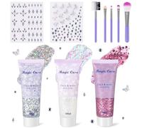 DazSpirit 3pcs Body Glitter Gel con 2x Gemme Strass Autoadesivi e Pennello, DIY Brillantini Viso Make Up per Festival, Glitter Viso con Paillettes e Strass per Corpo, Occhi (Bianco, Argento, Rosa)